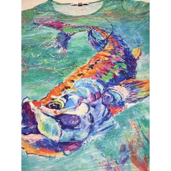 Leoma Lovegrove Shirt Womens Large Blue Red Fish Print Wearable Art - Picture 2 of 6